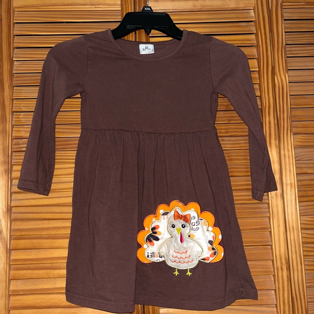 BMG Girl’s Long Sleeve Brown Dress With Turkey Appliqué
